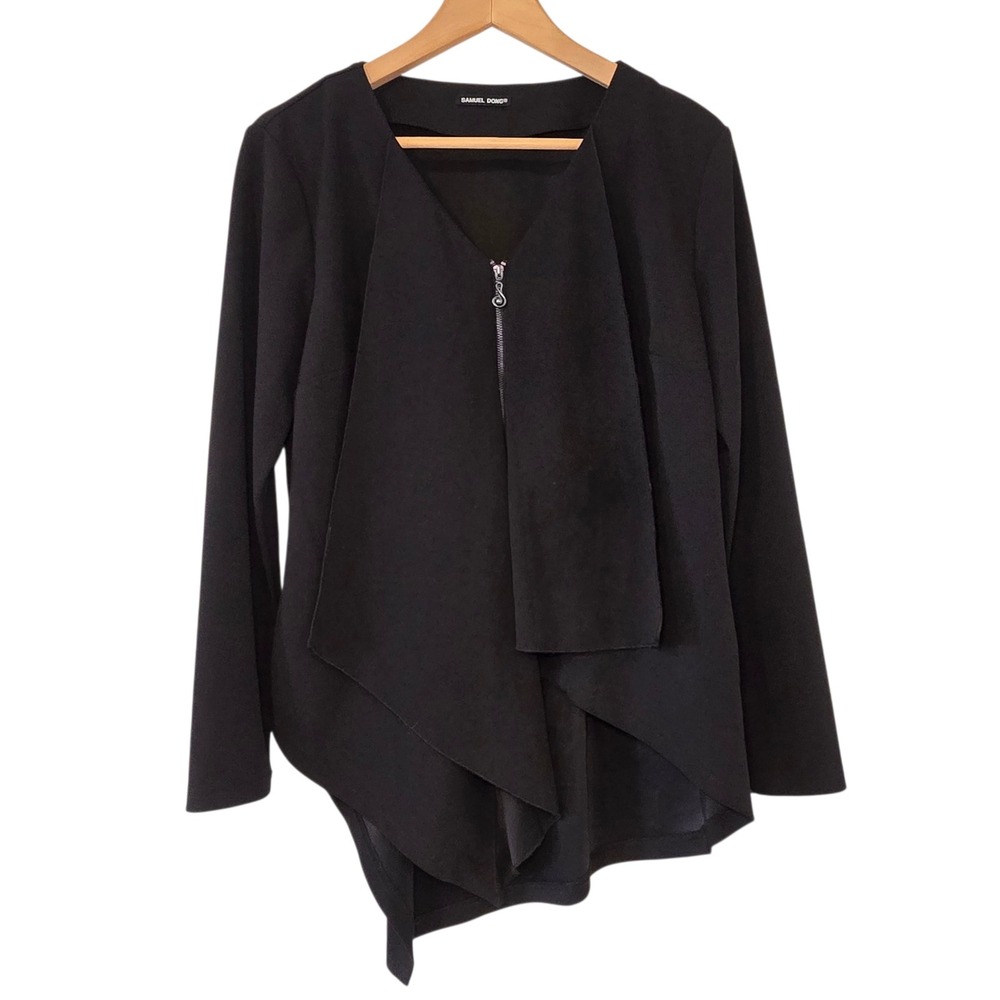 Samuel Dong Lagenlook Jacket Large Black Asymmetrical Draped Zip Waterfall Tunic
